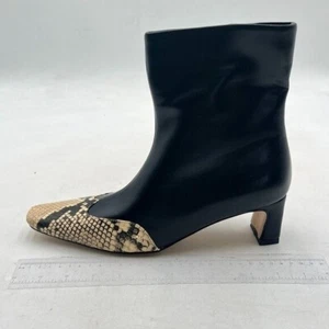 Black Snakeskin Square Toe Ankle Boots Chunky Heel Side Zipper Short Booties - Picture 1 of 7