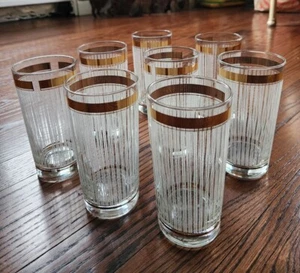 NEW *8* Vintage Georges Briard 22K Gold Band & Frosted Lines Highball Glasses - Picture 1 of 16