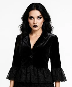 INC Jacket Blazer M Black Velvet Lace Ruffle Gothic Victorian Steampunk Witchy - Picture 1 of 14