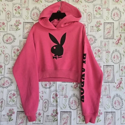 Playboy, Women's Cropped Hoodie, pink w/large black bunny head logo, Extra Small - Image 1 of 4