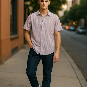 Old Navy Herren Hemd Gr. L Everyday Kurzarm rot weiß blau gestreift NEU - Bild 1 von 6