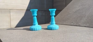 Portieux & Vallerystahl Blue Opaline Glass Candleholders Pair featuring Swirls - Picture 1 of 9