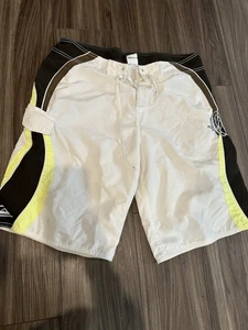 Vintage Quicksilver Y2K Surf Board Embroidered Swim Trunks Shorts Size 34 Brown - Picture 1 of 3
