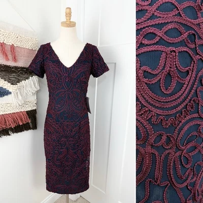 JS Collections Short Sleeve Soutache Cocktail Dress Navy Blue Burgundy Sz 4 NWT - Image 1 of 4