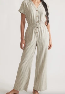 Neu mit Etikett Marine Lagenlook Lia Overall weites Bein olivgrün gestreift Damengröße Large - Bild 1 von 16