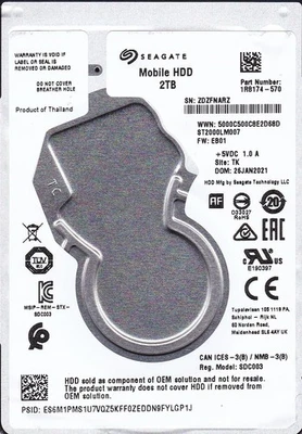 ST2000LM007 p/n: 1R8174-570 f/w: EB01 s/n: ZDZF TK JAN/2021 2TB SATA 2.5 SEAGATE - Image 1 of 4