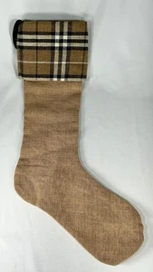Country Cabin Christmas Stocking Burlap/Black Tan Flannel Cuff 21" NWOT - Picture 1 of 4
