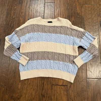 Lumiere Sweater Womens Small Blue Beige Striped Cable Knit Crewneck Pullover - Image 1 of 4