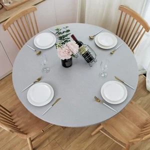 Round Vinyl Elastic Edged Flannel Backed Tablecloth Fitted Table Cover PVC Proof - Picture 1 of 7