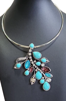 Blue Howlite & Multi Crystal Pendant on Stainless Steel Collar- 16 in - Image 1 of 4