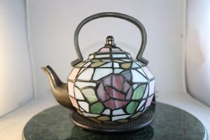 Tiffany Style-Stained Glass Teapot Kettle Lamp Pink Rose With Metal Trivet Base - Picture 1 of 10