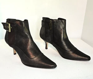 Donald J Pliner Longa Booties Brown Metallic Heeled Ankle Buckle Zip SZ 8 M - Picture 1 of 12