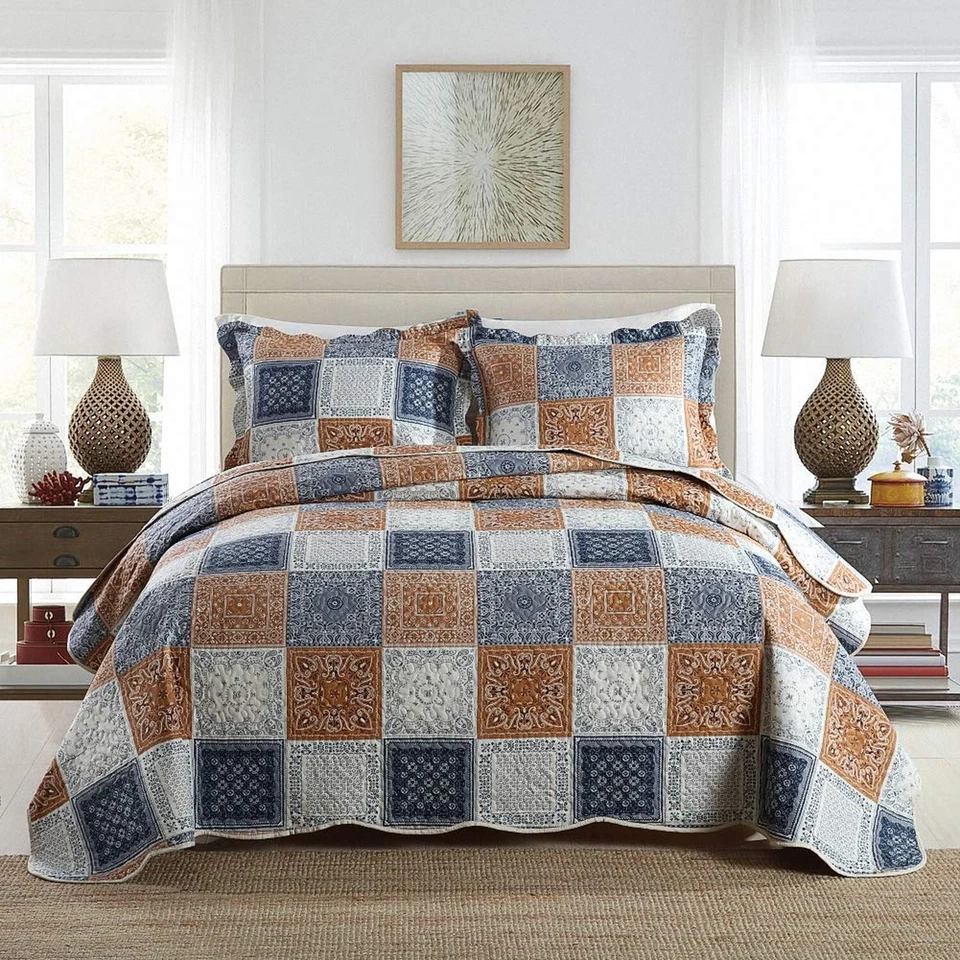NEWLAKE Quilt Bedspread Sets-Color Block Pattern Reversible Coverlet SetQueen...