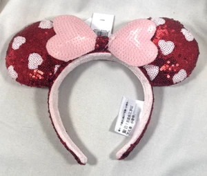 2021 DISNEY VALENTINE'S DAY HEART SEQUENED PINK BOW HEADBAND MINNIE EARS - Picture 1 of 12