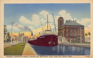 Steamer Freighter Leaving Lock Sault Ste Marie Michigan 1956 linen postcard - Picture 1 of 2