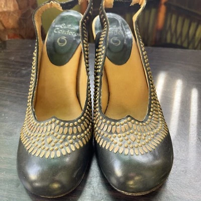 Women’s Calleen Cordero 9 M Sling back Heels Hand Tooled Black Leather Shoes - Image 1 of 4