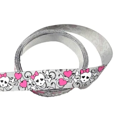 3 yds 7/8" Girl Skull and Crossbones w Hearts on Gray Grosgrain Ribbon 100% poly - Image 1 of 4