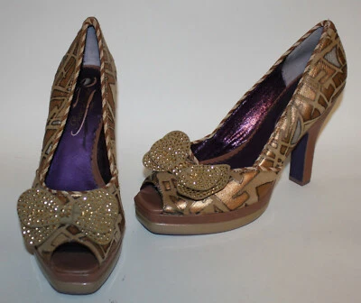 LICENCIA POÉTICA Zapatos 8M PeekABoo Love Tacones Marrón Arco Cobre Plata Dorado Cuero Foto 1 de 4