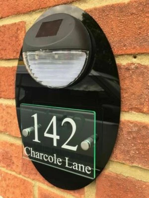MODERN HOUSE SIGN PLAQUE DOOR NUMBER STREET GLASS ALUMINIUM EFFECT SOLAR LIGHT - Image 1 of 2