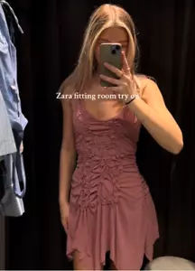 ZARA BNWT 2025. PINK MINI DRESS ASYMMETRIC GATHERED V NECK STRAPS. 1937/306/620 - Picture 1 of 13