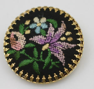 Vintage floral miniature needlepoint sampler flower purple black brooch pin
