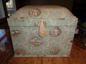 DECORATIVE FABRIC STORAGE KEEPSAKE BOX SEASHELLS & CORAL - Picture 1 of 6