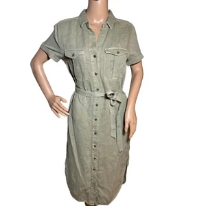 LUCKY BRAND Vintage Style Linen Short Sleeve Dress Button Front Olive XS New - Picture 1 of 11