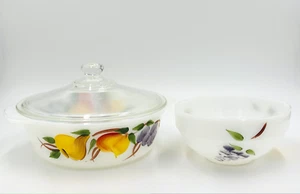 Vintage Fire King Gay Fad Fruit Design 1.5 qt #447 Ovenware w/ Lid And #10 Bowl - Picture 1 of 8
