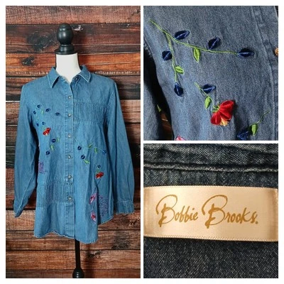 Camisa Jean Bobbie Brooks Vintage Denim Top Talla M Floral Bordada Algodón  Foto 1 de 4