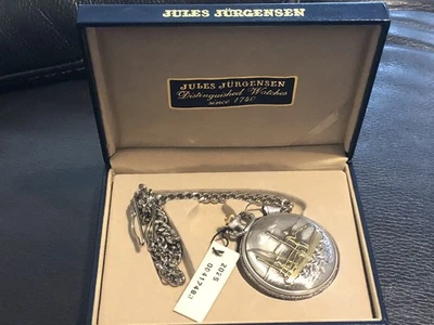 Jules Jurgensen Pocket Watch with Chain - Fisherman On Boat NEW IN BOX Vintage - Image 1 of 4