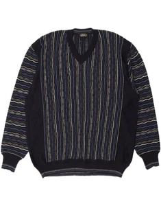 MONTECHIARO Mens V-Neck Jumper Sweater IT 58 2XL Navy Blue Striped Wool BR05 - Picture 1 of 3