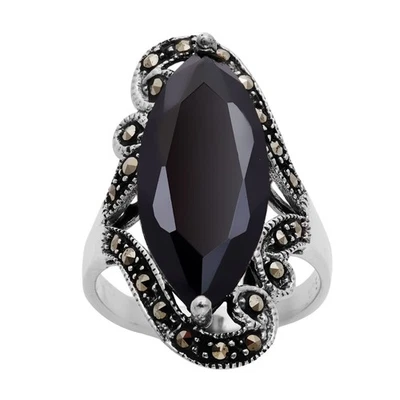 Silverly Anello Argento 925 Solitario Zircone Nero Ovale Multi Marcasite - Immagine 1 di 4