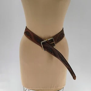 Vintage Hand Tooled&Painted Chambers Leather Western Belt Turquoise - Picture 1 of 11