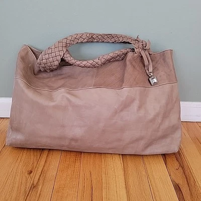 Bolso de Mano FALOR Taupe Tejido con Mango de Cuero Hecho en Italia Grande Foto 1 de 4