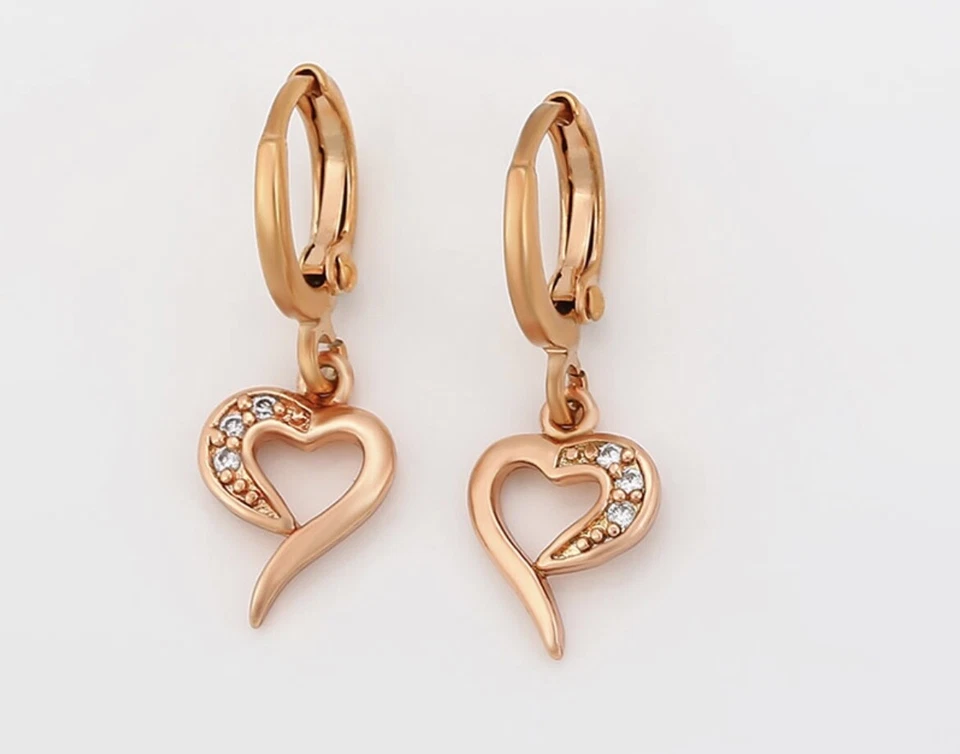 Pendientes colgantes de circonita cúbica con corazón de circonita cúbica de oro rosa para mujer y niña Foto 1 de 2