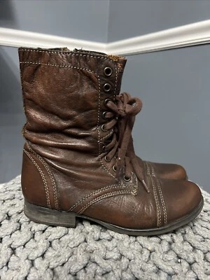 Женские сапоги Steve Madden Troopa Boot Y 6.5 боевые коричневые кожаные богемные байкерские на шнуровке - Изображение 1 из 4