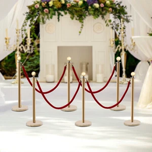 6PCS Stanchion Set Post Rope Velvet Velour VIP Crowd Control Queue Line Barriers - Picture 1 of 10