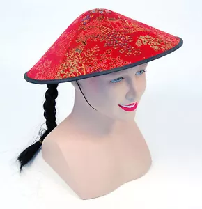 Cappello rosso cinese Coolie con treccia Capodanno vestito fantasia orientale Cina cono - Foto 1 di 1