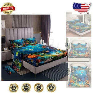 Modern Kids Twin Sheet Set - Lightweight Ocean Theme Fish Bedding Collection - Picture 1 of 8