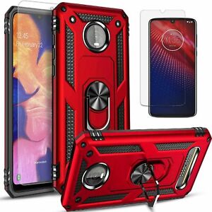 For Motorola Moto Z4 Case, Metal Ring Kickstand Cover + Tempered Glass Protector