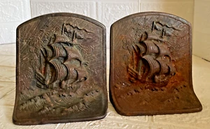 Vintage Cast Iron Bookends 1930s Nautical Albany Tall Clipper Ship Library Décor - Picture 1 of 6