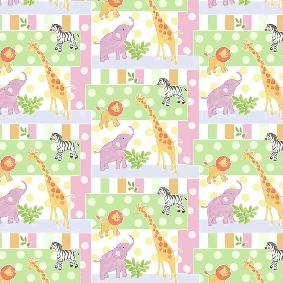 Safari Animals Lion Elephant Baby Patch 100% Cotton Fabric Sold by The Yard - Image 1 of 1