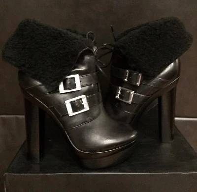 NEW WOMEN RACHEL ZOE BLACK PIPER LEATHER SHEARLING FUR ANKLE BOOTS SIZE 8.5    - Image 1 of 4