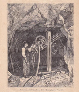 Le perforateur à diamant Leschot et le moteur Perret dessin Lancelot 1866 - Picture 1 of 1