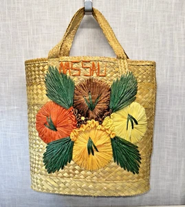 Borsa da spiaggia vintage anni 50 60 Nassau paglia rafia floreale fatta a mano - Foto 1 di 8