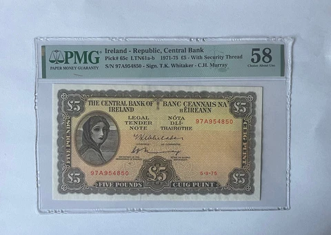 Ireland 5 Pounds 1971-75 P-65c PMG Graded 58 Choice aUNC Cover