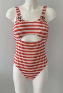 Primark Coral White Striped Textured Cutout Swimsuit UK 12 - Picture 1 of 3