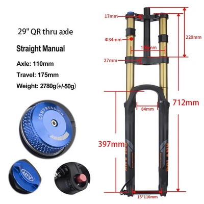 Horquilla de hombro doble 27,5/29 pulgadas 175 mm ajuste de rebote de viaje horquilla de refuerzo MTB Foto 1 de 4