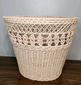 Vintage Wicker Peachy/ Pink Rattan Waste Trash Basket Woven Decorative MCM - Picture 1 of 7