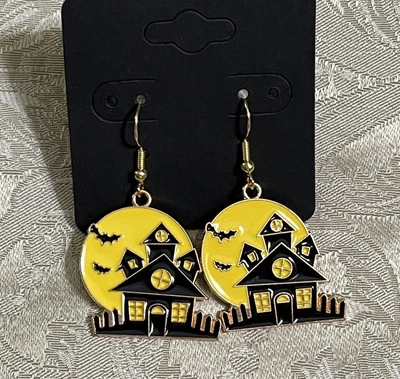 Vintage Haunted House Moon Bats Halloween Gold Dangle Bohemian Casual Earrings - Image 1 of 2